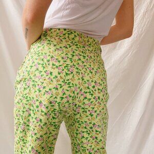 Vintage High Waist Green Floral Crop Pants